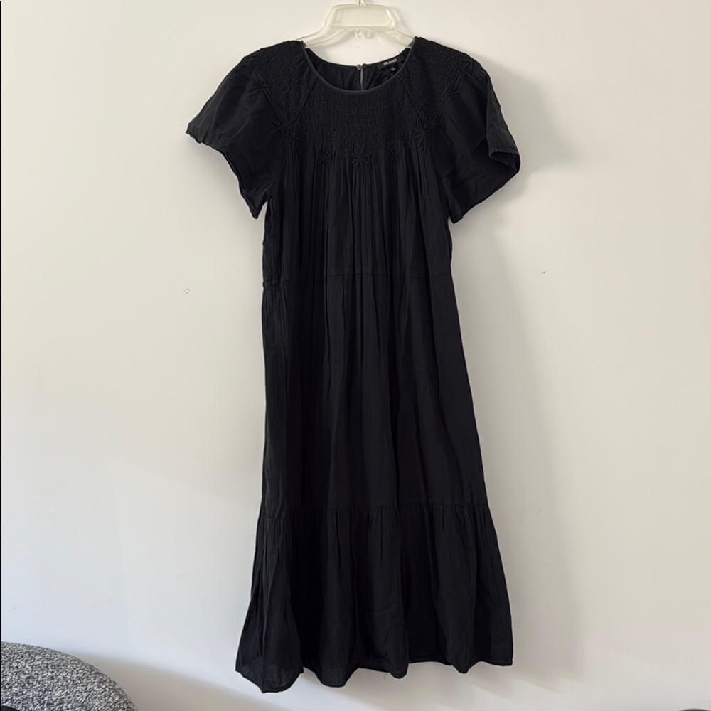 Madewell Smock Embroidered Midi Dress Black Size S
